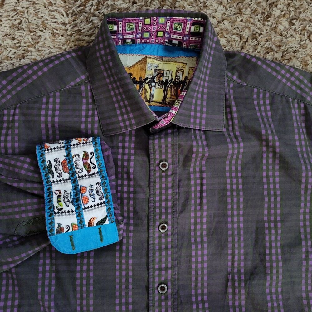 Robert Graham Purple Men Sz L Flip Cuff Long Sleeve Button‎ Up Shirt